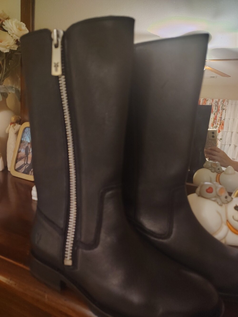 Frye Black Leather Mid-Calf Boots with Side Zip